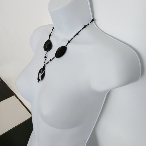 Black Beaded Statement Necklace With Agate Teardrop Pendants Handmade 19 Inches - Picture 2 of 12